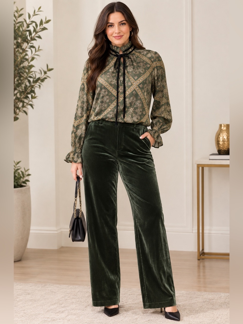 Mystree Green Paisley Tie-Neck Blouse with Black Velvet Ties